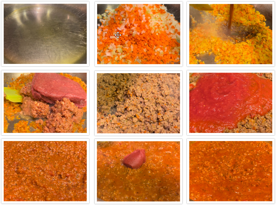 A photo collage showing the steps to making the Bolognese sauce for this vegetarian lasagna recipe.