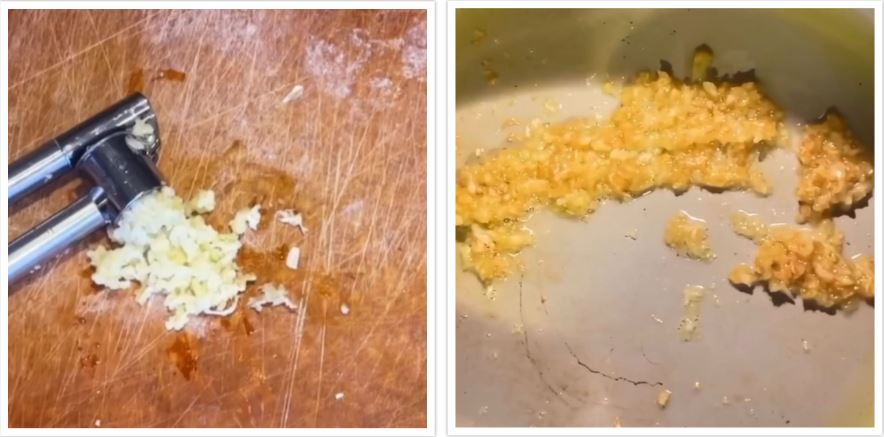A photo collage showing minced garlic that has been cooked into garlic butter for a homemade garlic knots recipe.
