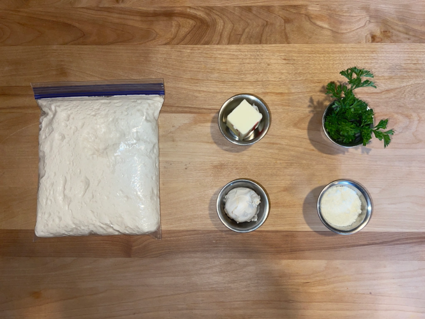 A photo showing ingredients for the garlic bread knots recipe.