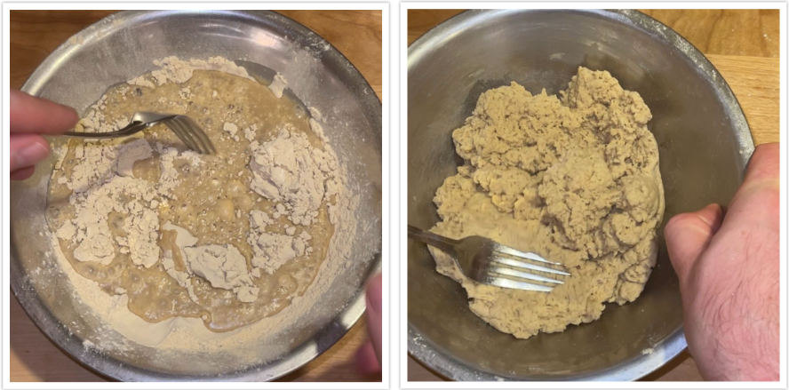 A photo showing a collage of before and after mixing the seitan for the vegan turkey roast.