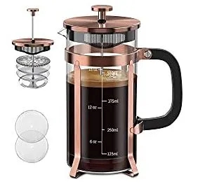 A photo showing a french press coffee maker.