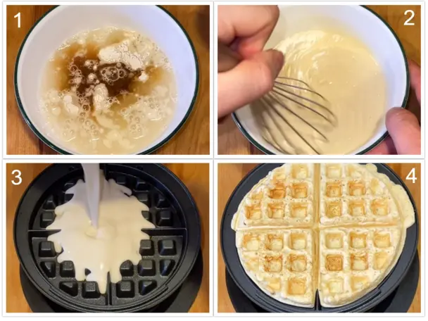 A photo showing how to make waffles in a waffle maker.