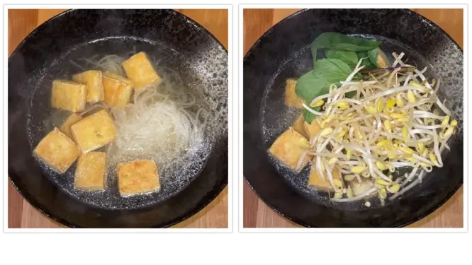 A photo showing how to prepare a bowl of vegan pho.